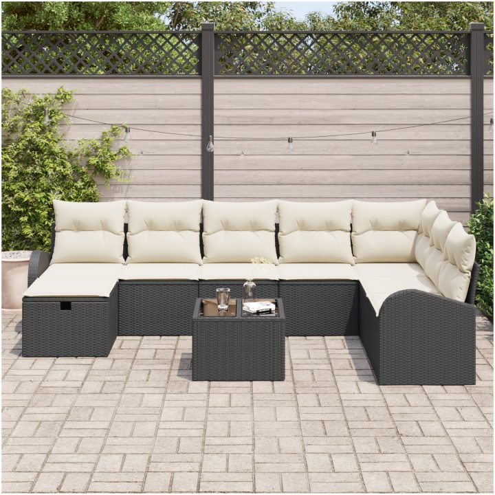 9-delars trädgårdsoffaset med kuddar svart poly rotting vidaXL 289 x 179 x 85 cm – bild 3