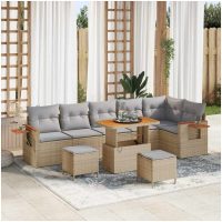9-delars trädgårdsoffasett med kuddar beige poly-rattan akacia vidaXL