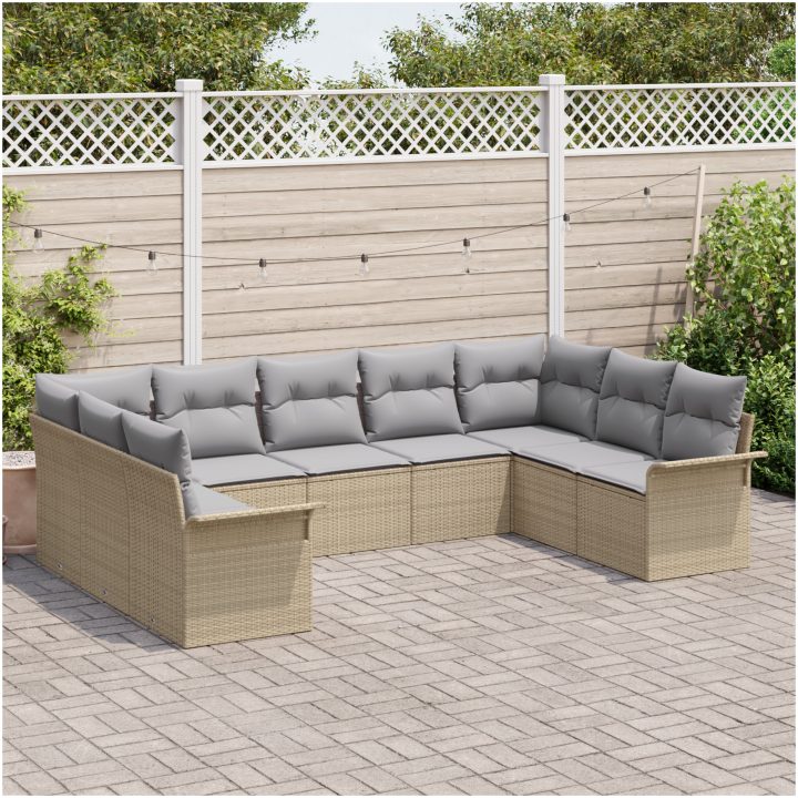 9-delars trädgårdsoffasett med kuddar Beige Poly Rattan vidaXL Stor – bild 3