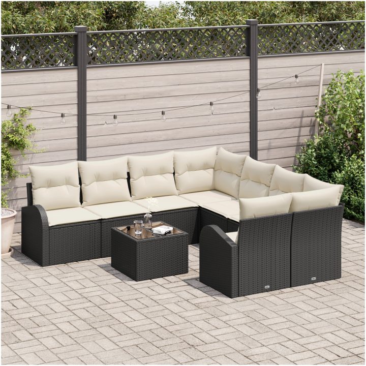 9-delars trädgårdsoffasett med kuddar svart poly rattan vidaXL Stor – bild 3