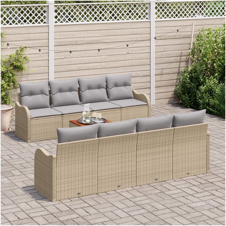 9-delars trädgårdsoffgrupp med kuddar Beige Poly Rattan Akacia vidaXL Stor – bild 3