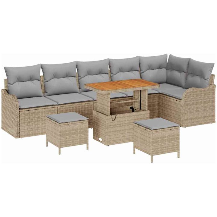 9 Delars Trädgårdsoffgrupp med Kuddar Beige Poly Rattan Akacia vidaXL Stor – bild 2