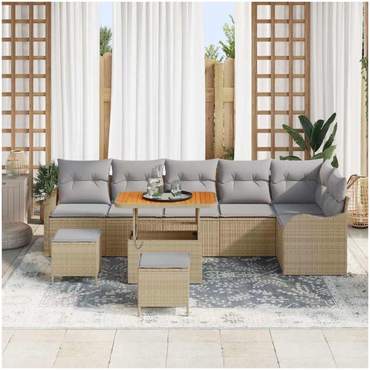 9 Delars Trädgårdsoffgrupp med Kuddar Beige Poly Rattan Akacia vidaXL Stor – bild 3