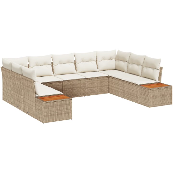 9-delars trädgårdsoffgrupp med kuddar i beige poly-rattan och akacia vidaXL 289 x 209 x 69 cm – bild 2