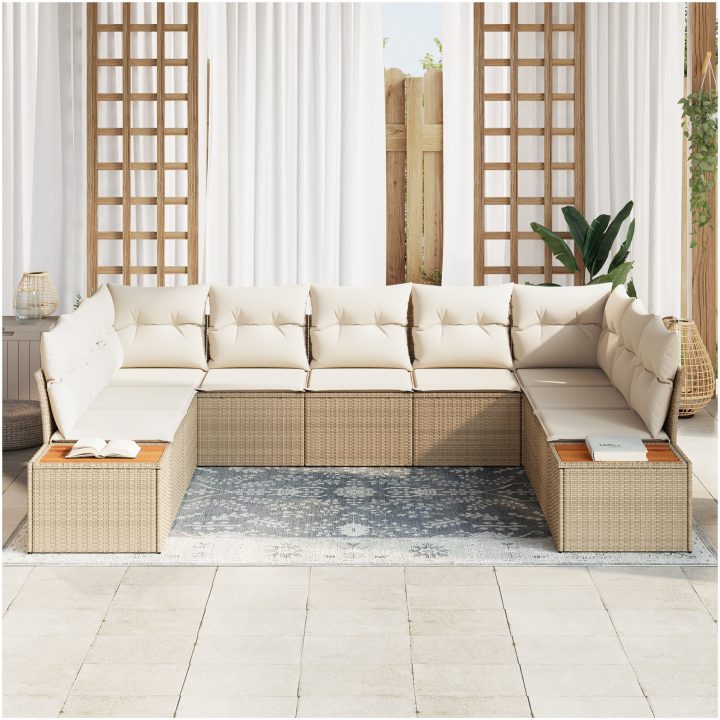 9-delars trädgårdsoffgrupp med kuddar i beige poly-rattan och akacia vidaXL 289 x 209 x 69 cm – bild 3