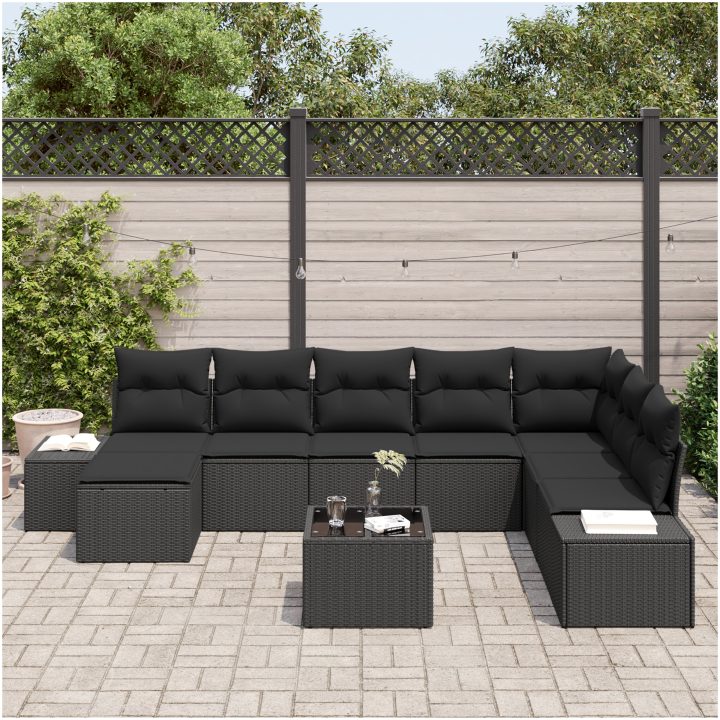 9 Delars Trädgårdsoffgrupp med Kuddar i Beige Poly Rattan vidaXL 319 x 209 x 85 cm – bild 3
