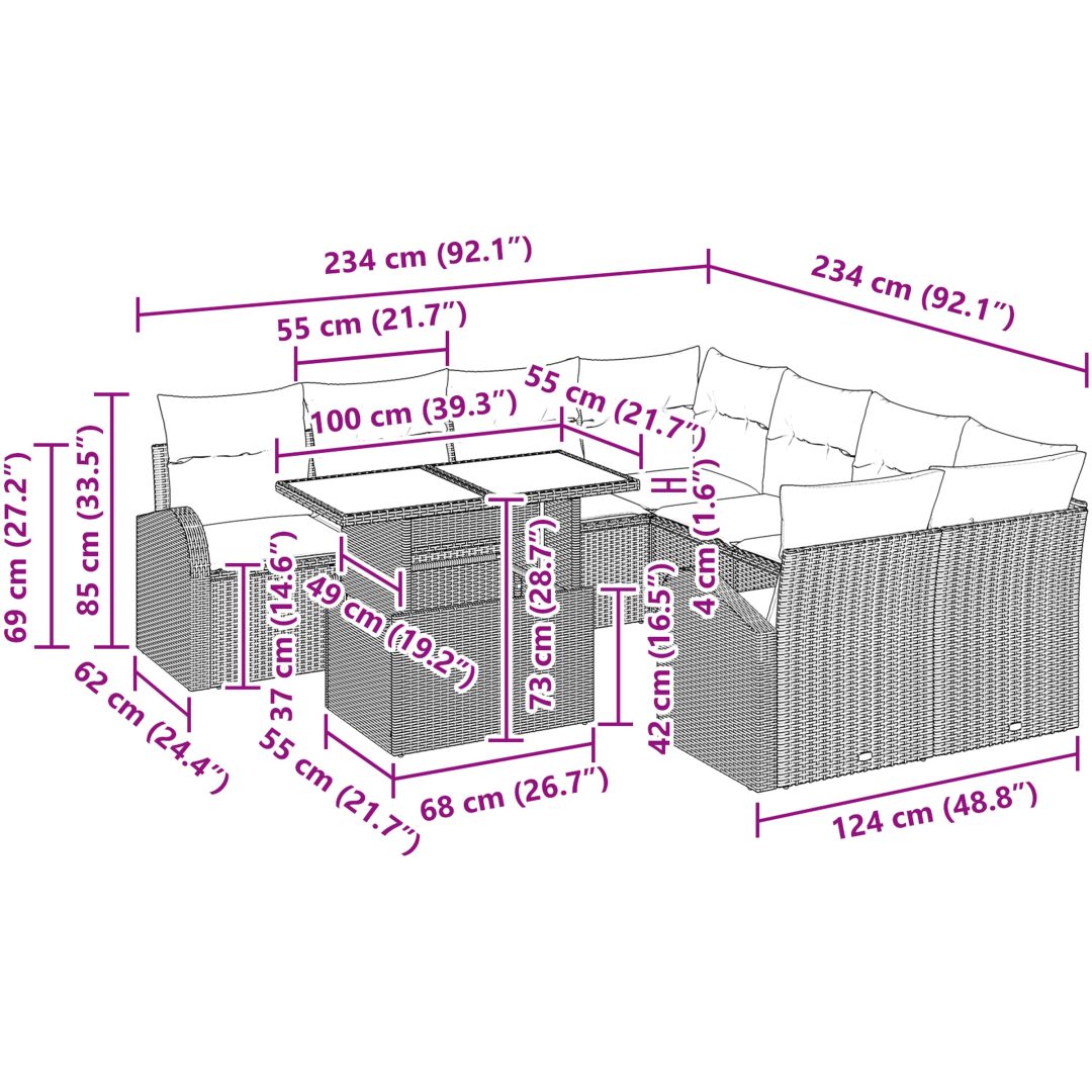 9-delars trädgårdsoffgrupp med kuddar i brun polyrotting vidaXL 100 x 55 x 73 cm – bild 11