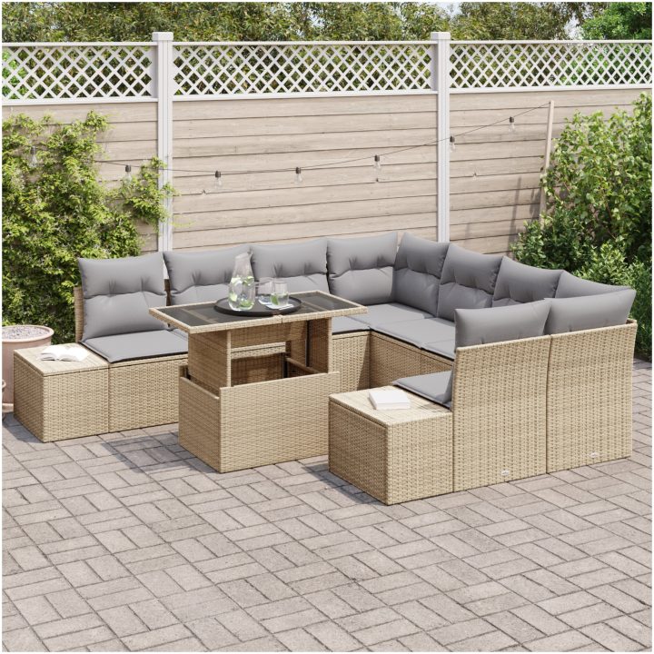 9 Delars Trädgårdsofformation med Kuddar Beige Poly Rattan vidaXL 100 x 55 x 73 cm – bild 3