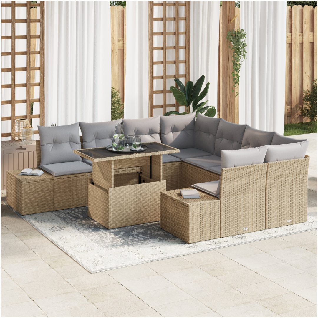 9 Delars Trädgårdsofformation med Kuddar Beige Poly Rattan vidaXL 100 x 55 x 73 cm