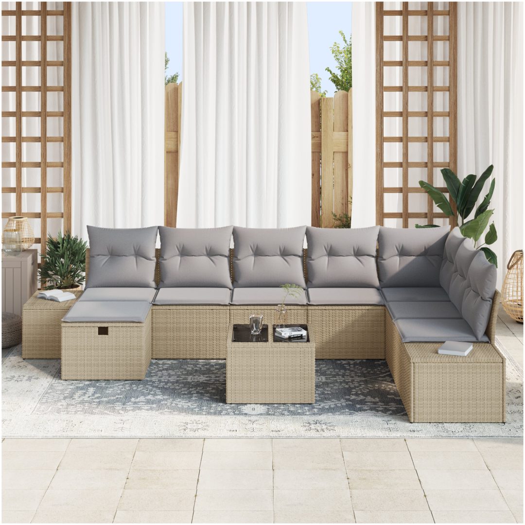 9-delars trädgårdsoffset med beige kuddar i poly-rattan vidaXL 55 x 55 x 37 cm – bild 3