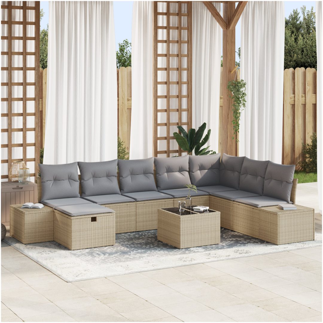 9-delars trädgårdsoffset med beige kuddar i poly-rattan vidaXL 55 x 55 x 37 cm
