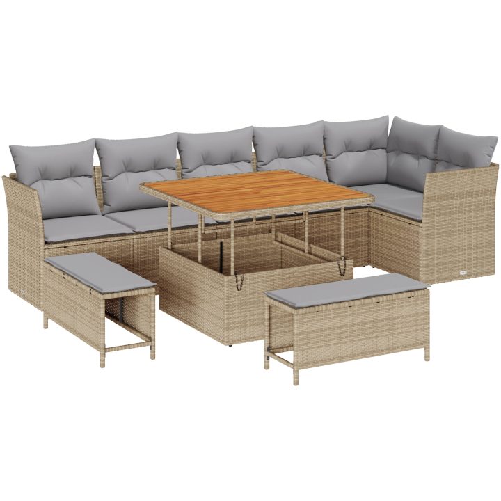 9 Delars Trädgårdsoffset med Kuddar Beige Konstrotting Akacia vidaXL Stor – bild 2
