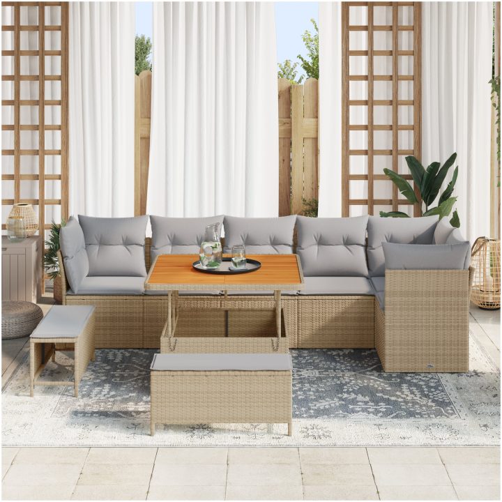 9 Delars Trädgårdsoffset med Kuddar Beige Konstrotting Akacia vidaXL Stor – bild 3