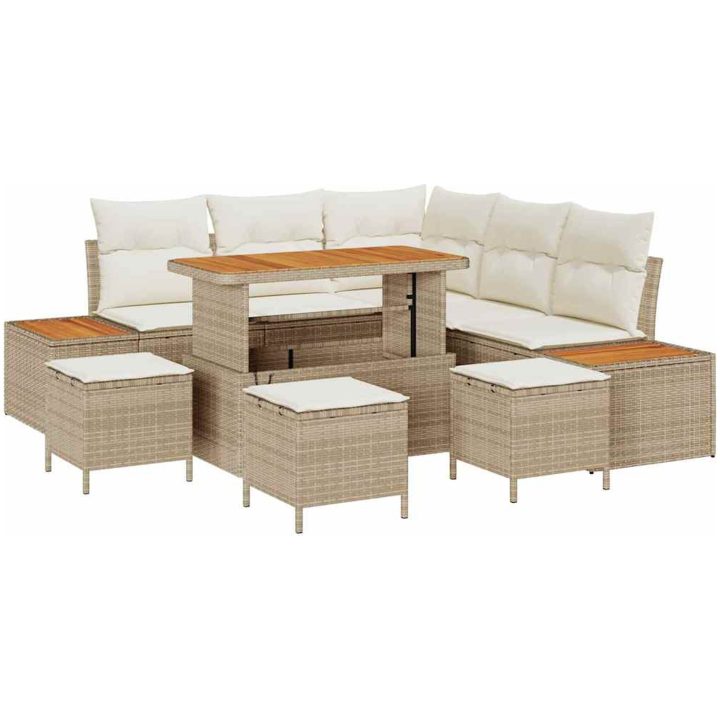 9-delars Trädgårdsoffset med Kuddar Beige Poly Rattan Akaci vidaXL Stor – bild 2