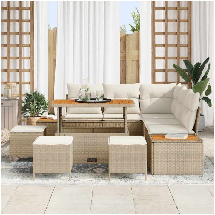 9-delars Trädgårdsoffset med Kuddar Beige Poly Rattan Akaci vidaXL Stor – bild 3