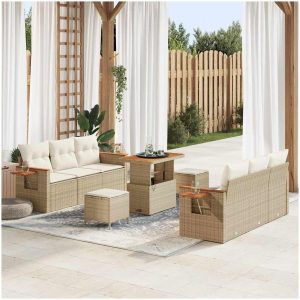 9-delars trädgårdsoffset med kuddar beige poly rattan akacia vidaXL