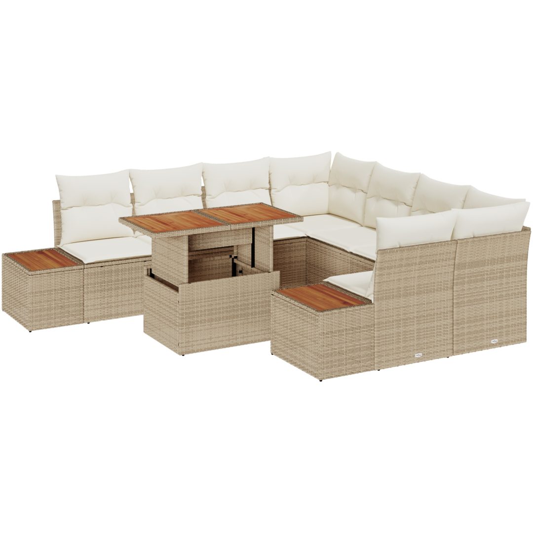 9-delars trädgårdsoffset med kuddar, beige poly rattan vidaXL Stor – bild 2