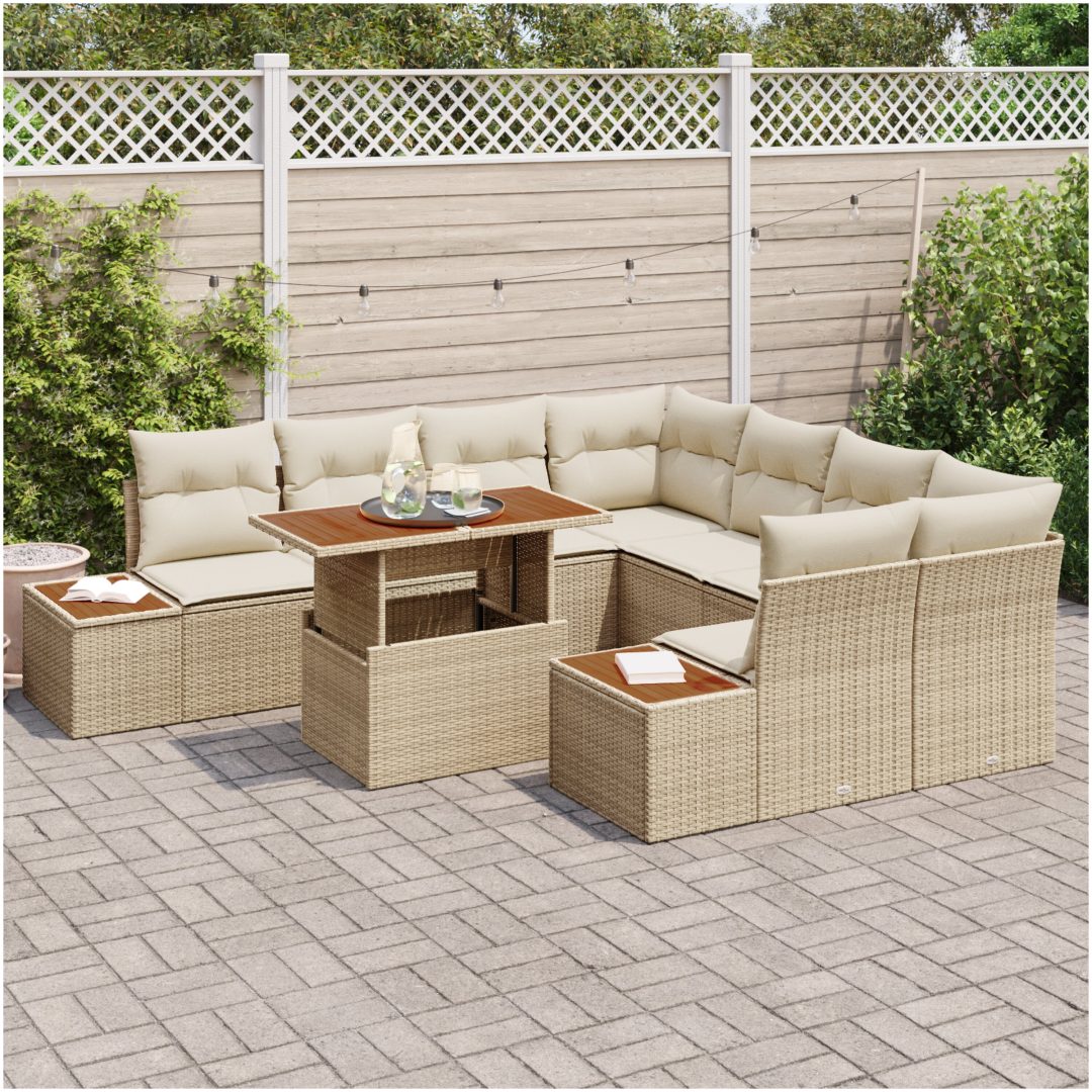 9-delars trädgårdsoffset med kuddar, beige poly rattan vidaXL Stor – bild 3