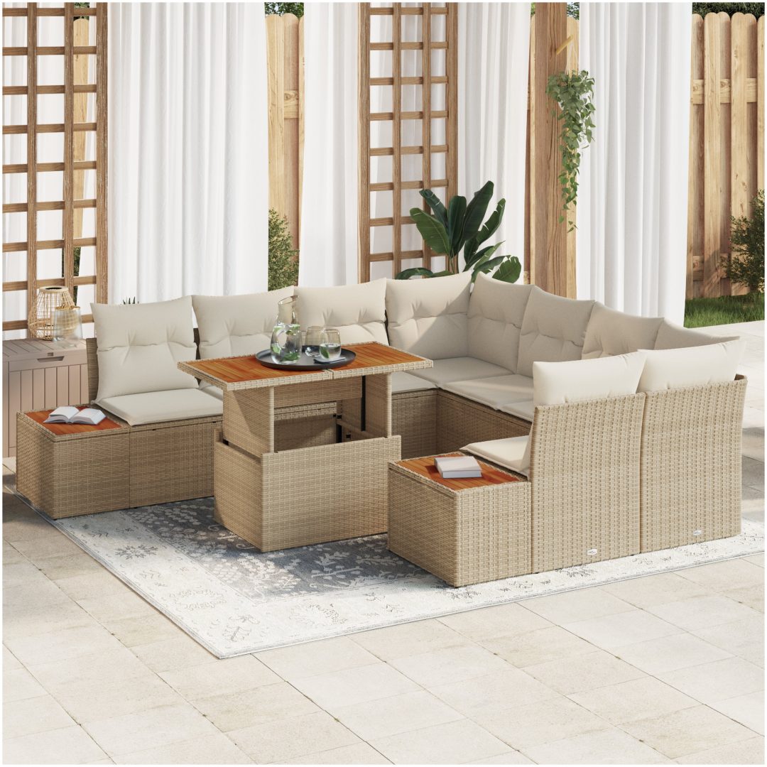 9-delars trädgårdsoffset med kuddar, beige poly rattan vidaXL Stor