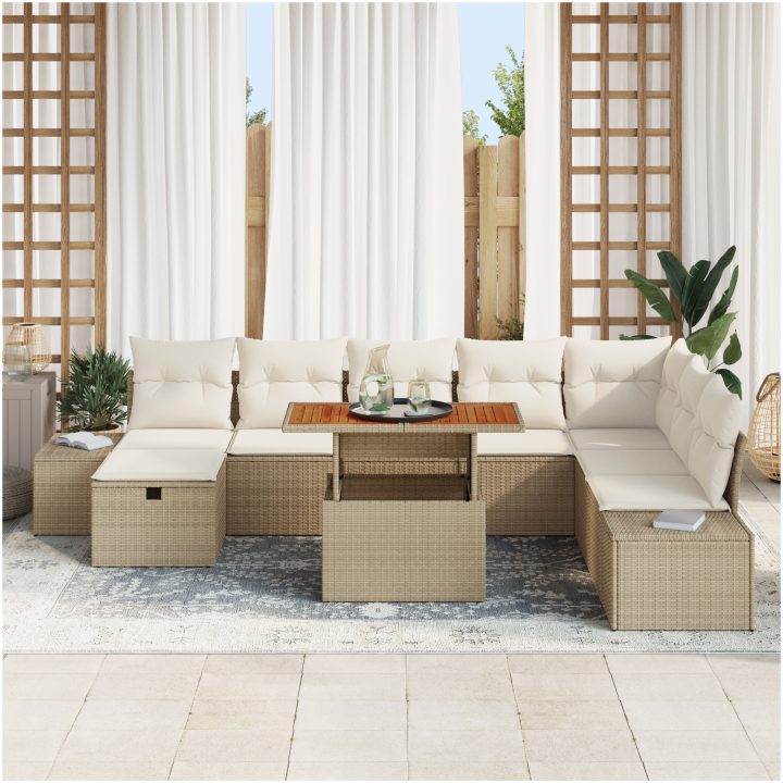 9-delars Trädgårdsoffset med Kuddar Beige Poly Rottning vidaXL 55 x 55 x 37 cm – bild 3