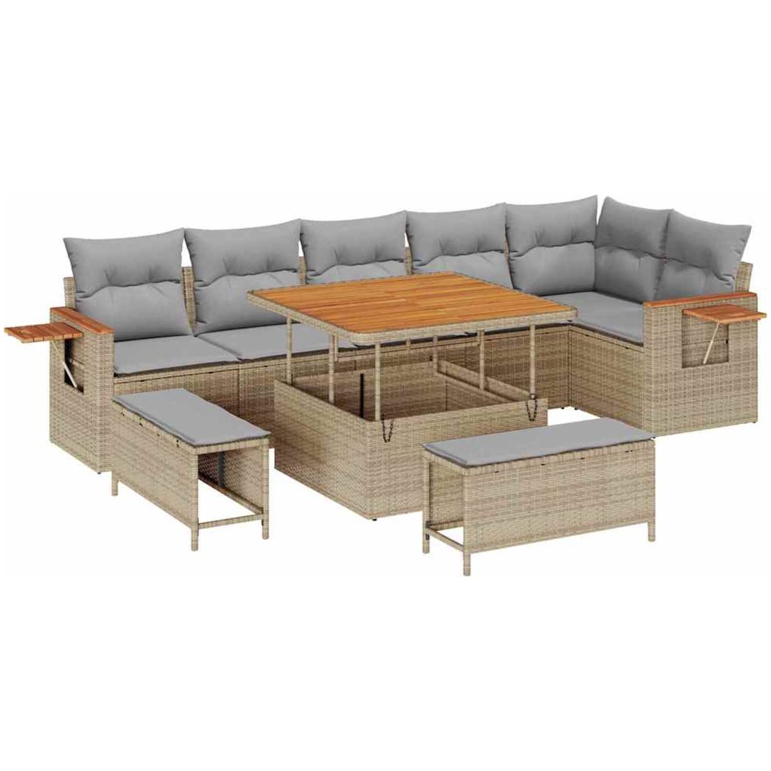 9 Delars Trädgårdsoffset med Kuddar Beige Poly Rottong Akacia vidaXL Stor – bild 2
