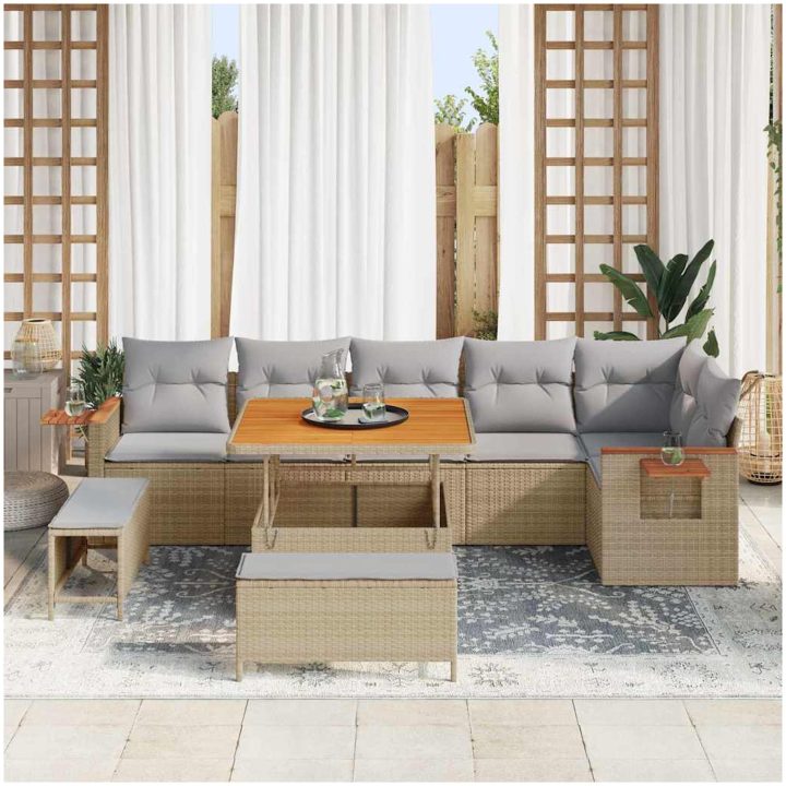 9 Delars Trädgårdsoffset med Kuddar Beige Poly Rottong Akacia vidaXL Stor – bild 3