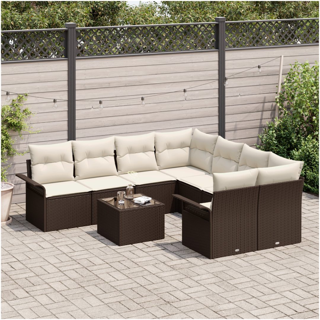 9-delars Trädgårdsoffset med Kuddar Brun Poly Rattan vidaXL 55 x 55 x 37 cm – bild 3