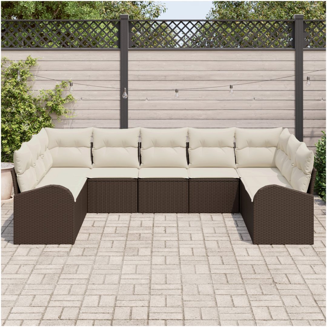 9 Delars Trädgårdsoffset med Kuddar Brun Poly Rattan vidaXL Stor – bild 3