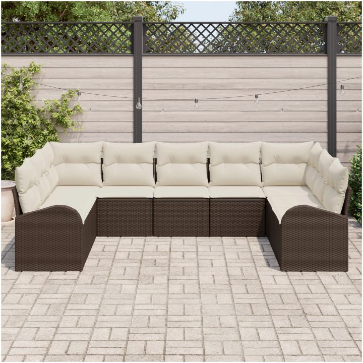 9 Delars Trädgårdsoffset med Kuddar Brun Poly Rattan vidaXL Stor – bild 3