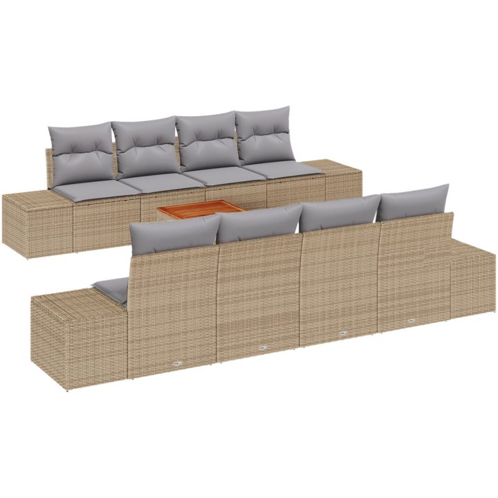 9-delars trädgårdsoffset med kuddar i beige poly rattan och akacia vidaXL 55 x 55 x 37 cm – bild 2