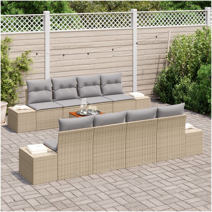 9-delars trädgårdsoffset med kuddar i beige poly rattan och akacia vidaXL 55 x 55 x 37 cm – bild 3