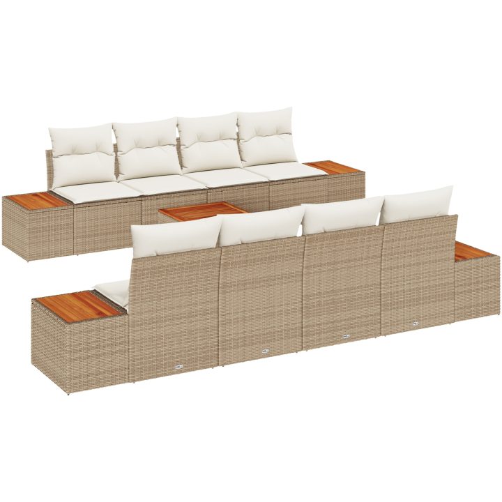 9-delars trädgårdsoffset med kuddar i beige poly-rattan och akacia. vidaXL 55 x 55 x 37 cm – bild 2