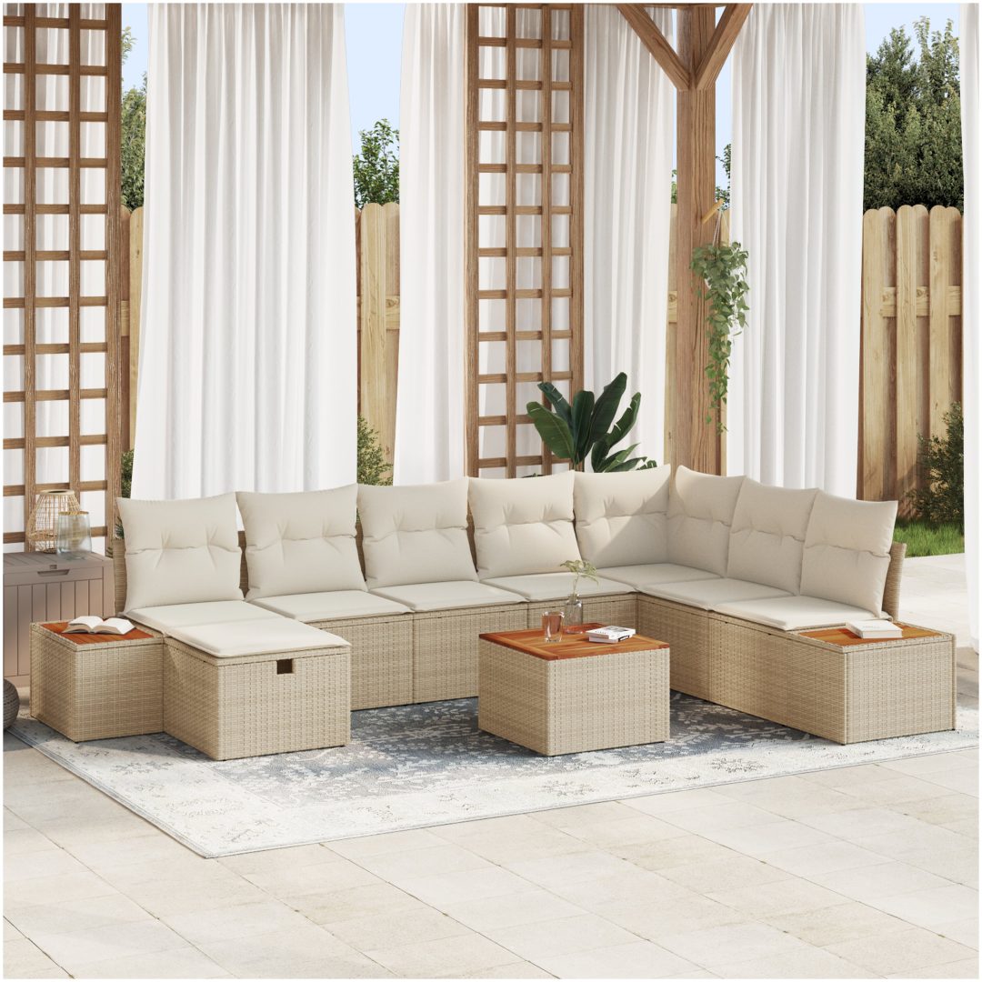 9-delars trädgårdsoffset med kuddar i beige poly rattan vidaXL 55 x 55 x 37 cm