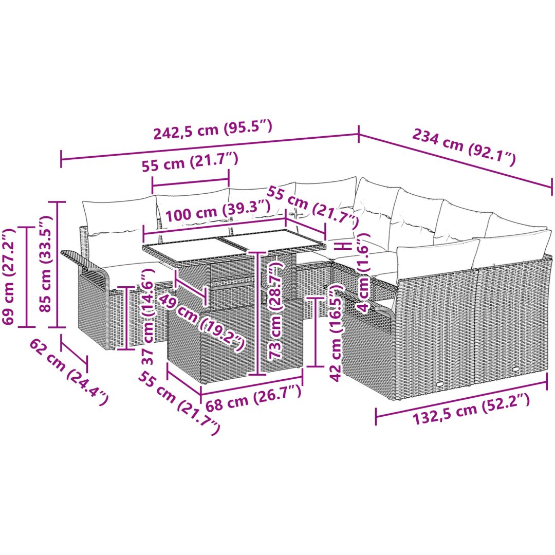 9-delars trädgårdsoffset med kuddar i grå polyrotangummi vidaXL 100 x 55 x 73 cm – bild 11
