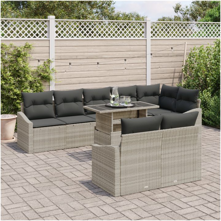 9-delars trädgårdsoffset med kuddar i ljusgrå poly rattan vidaXL 100 x 55 x 73 cm – bild 3