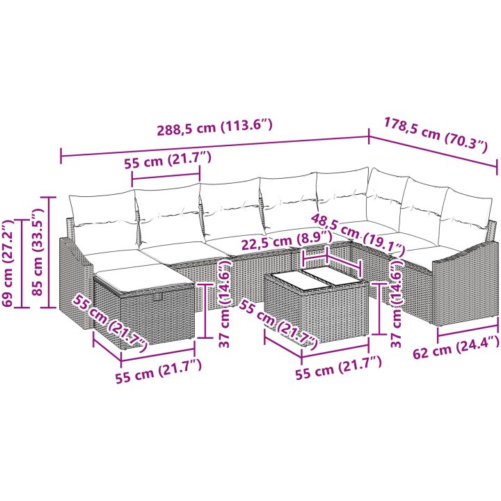 9-delars trädgårdsoffset med kuddar i ljusgrå poly rattan. vidaXL 55 x 55 x 37 cm – bild 11