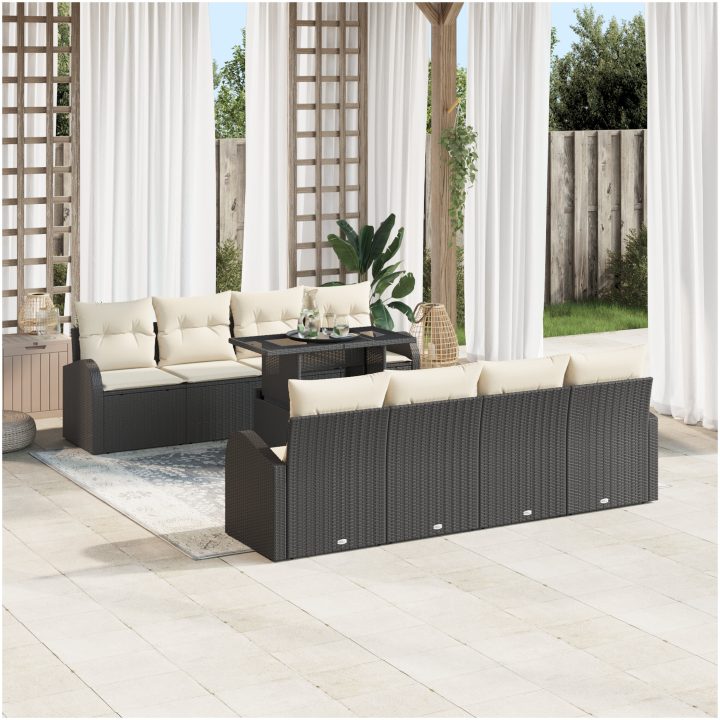 9-delars trädgårdsoffset med kuddar i svart poly-rattan vidaXL 100 x 55 x 73 cm – bild 3