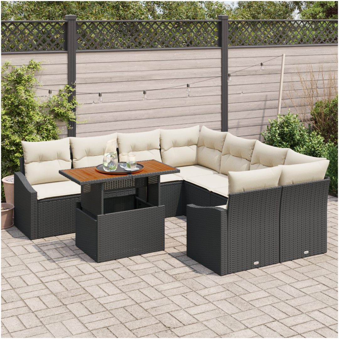 9-delars trädgårdsoffset med kuddar i svart poly rattan vidaXL 100 x 55 x 73 cm – bild 3