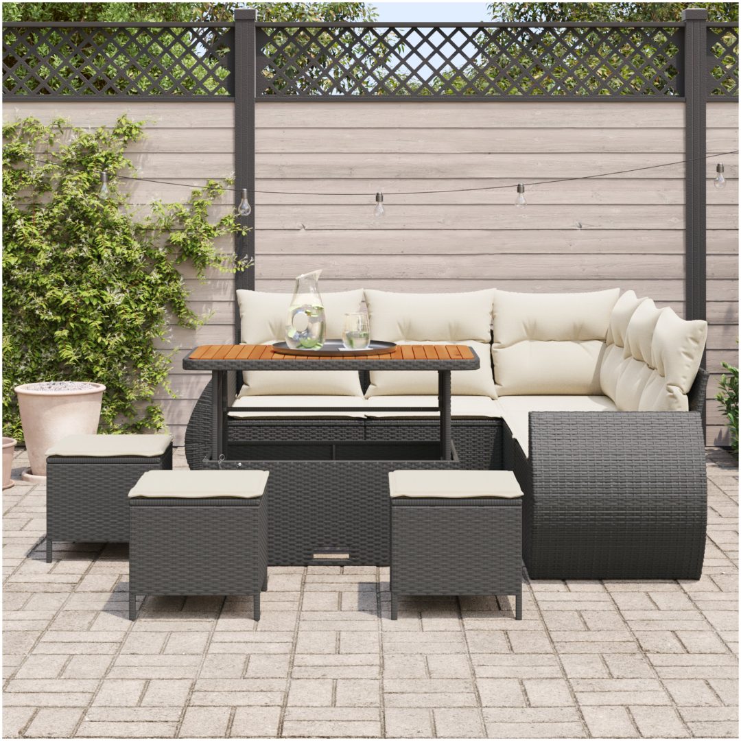 9-delars trädgårdsoffset med kuddar i svart polyrattan vidaXL Stor – bild 3