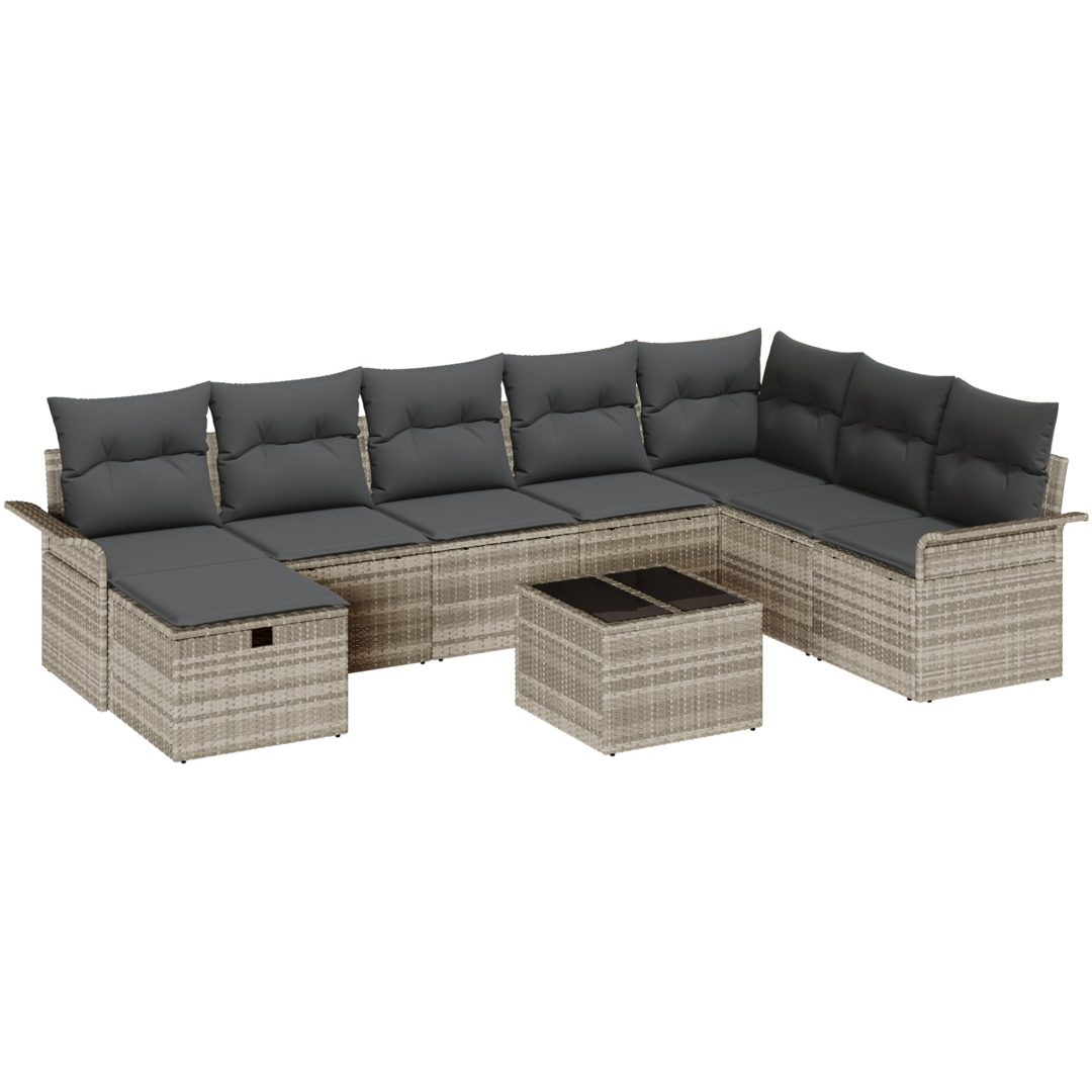 9 Delars Trädgårdsoffset med Kuddar Ljus Grå Poly Rattan vidaXL 297.5 x 187.5 x 85 cm – bild 2