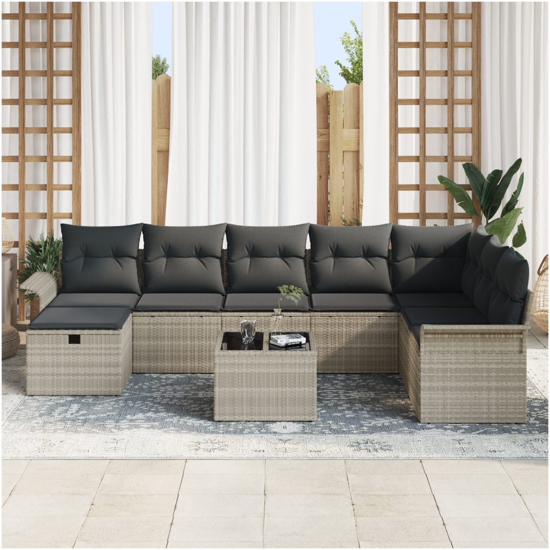 9 Delars Trädgårdsoffset med Kuddar Ljus Grå Poly Rattan vidaXL 297.5 x 187.5 x 85 cm – bild 3