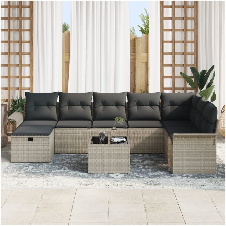 9 Delars Trädgårdsoffset med Kuddar Ljus Grå Poly Rattan vidaXL 297.5 x 187.5 x 85 cm – bild 3