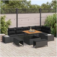 9 Delars Trädgårdsoffset med Kuddar Svart Poly Rattan Acacia vidaXL
