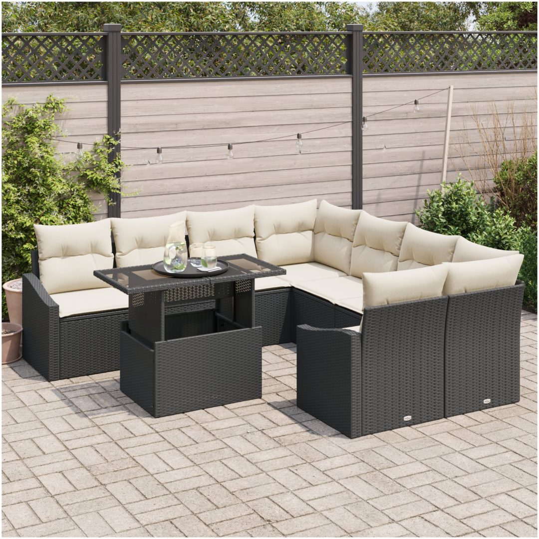 9-delars trädgårdsoffset med kuddar, svart poly rattan vidaXL 100 x 55 x 73 cm – bild 3