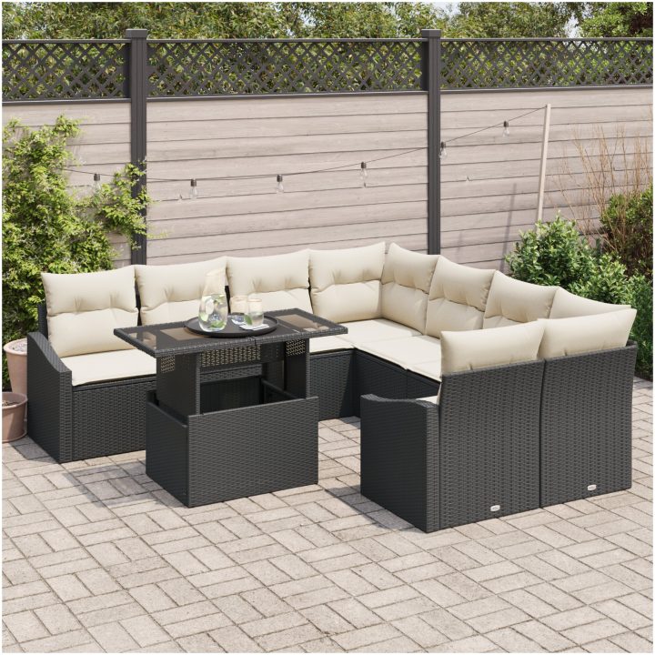 9-delars trädgårdsoffset med kuddar, svart poly rattan vidaXL 100 x 55 x 73 cm – bild 3
