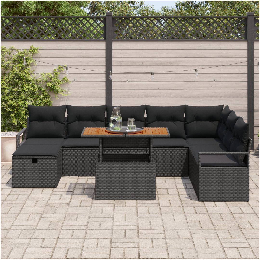 9-delars Trädgårdsoffset med kuddar Svart Poly Rattan vidaXL Stor – bild 3