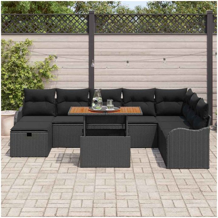 9-delars trädgårdsoffset med kuddar, svart poly-rattan vidaXL Stor – bild 3