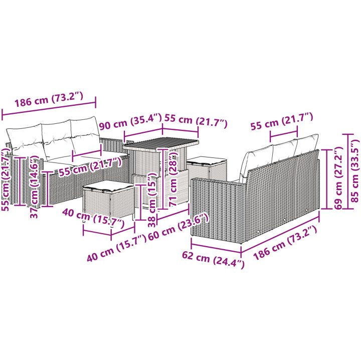 9-delars trädgårdsoffset med kuddar svart poly rotting akacia vidaXL Singel, 2 - Sits, 90 cm – bild 12