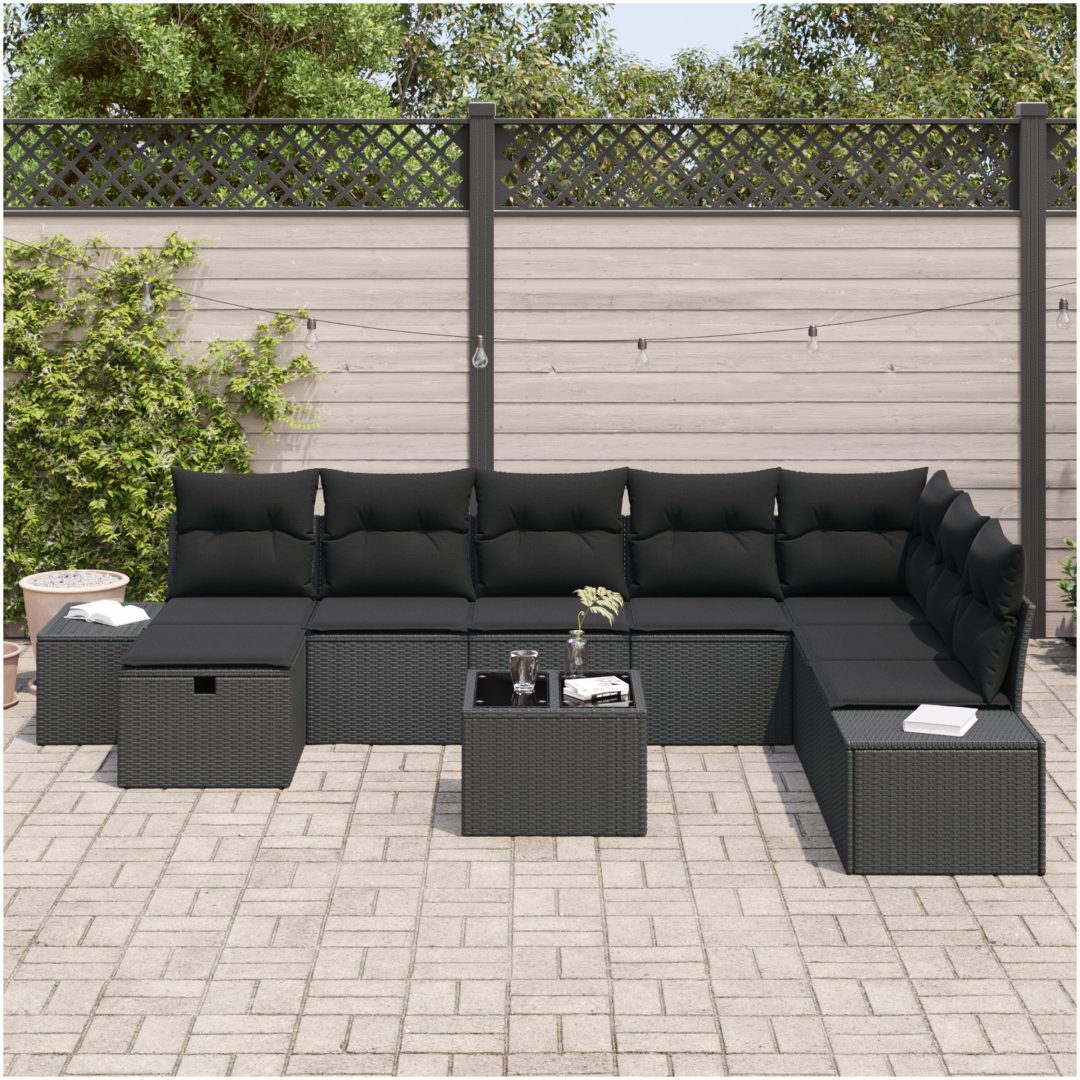 9 Delars Trädgårdsoffset med Kuddar Svart Poly Rottning vidaXL 55 x 62 x 69 cm – bild 3