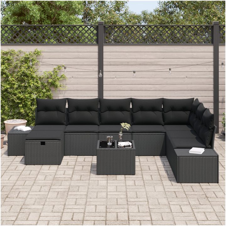 9 Delars Trädgårdsoffset med Kuddar Svart Poly Rottning vidaXL 55 x 62 x 69 cm – bild 3